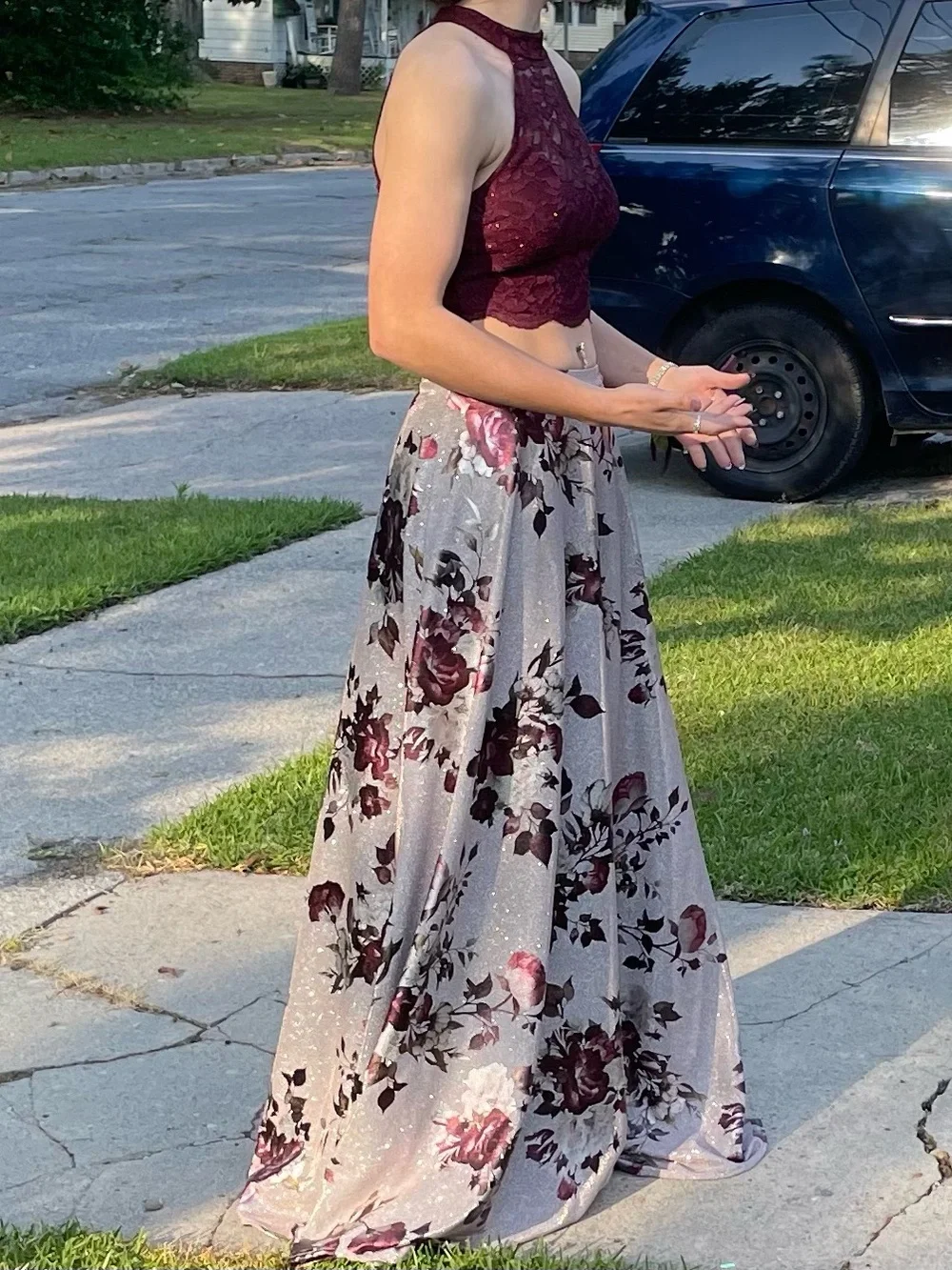 City Triangles Burgundy Lace Halter Crop Top with Silver Floral Maxi Skirt